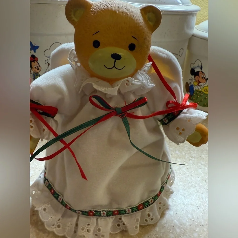 Vintage Angel Christmas Tree Topper Teddy Bear Figurine w/ Holiday White Dress